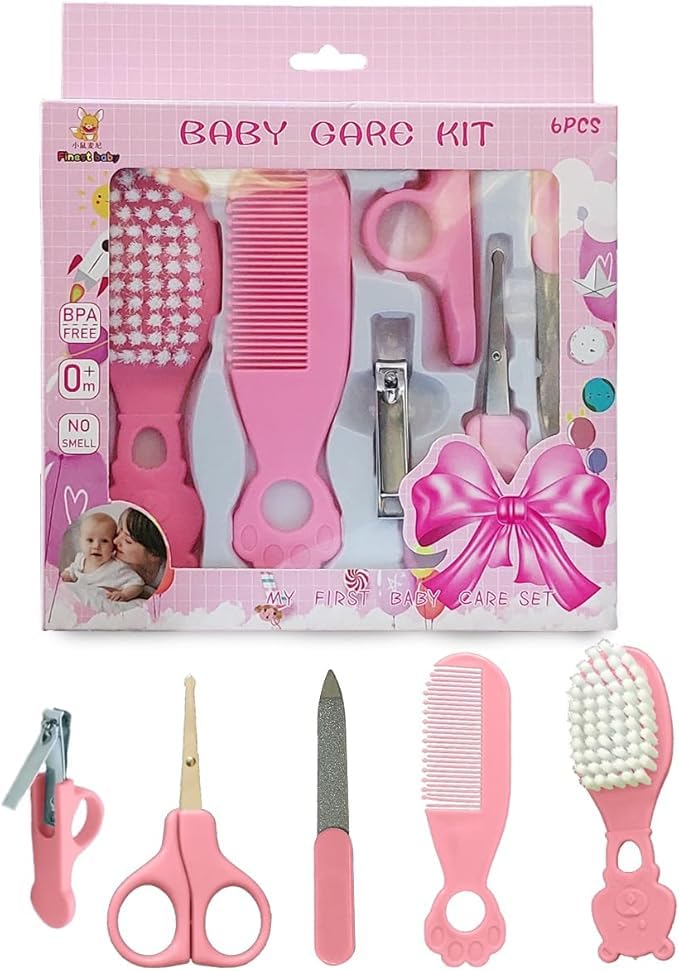 Baby Nail Care - Baby Grooming Kit & Cleaning Kit for Infant Personal Daily Cleaning, Newborn Manicure Set Baby Health Care Kit Nail Clippers Hairbrush, (6 PCS) (Pink)