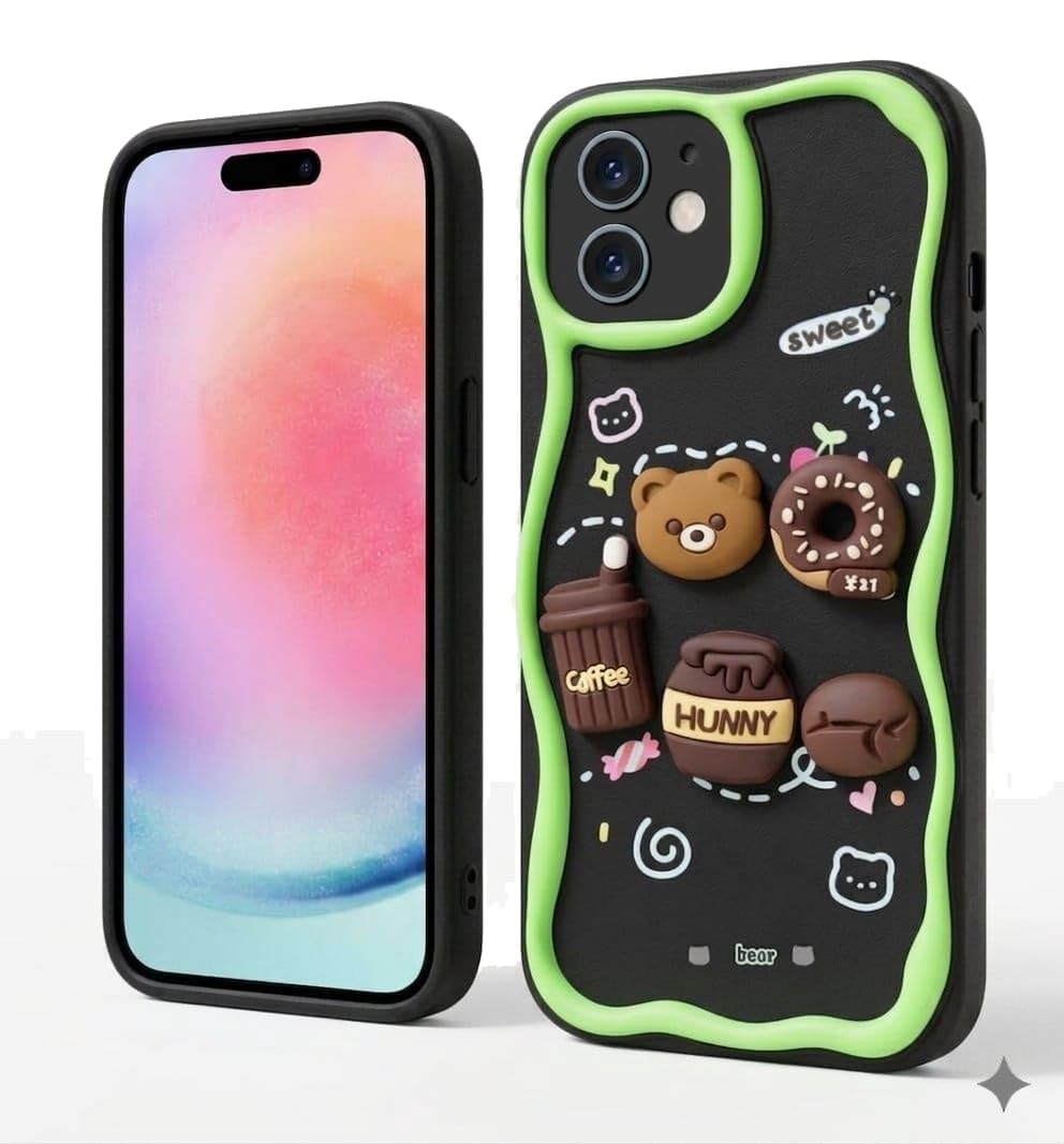 3D Cartoon Design Compatible with iPhone 11 Case - Cute and Lightweight Raised Elements, Soft Silicone, Wavy Shape Comfortable Hand (Little Bear & Coffee Cup)