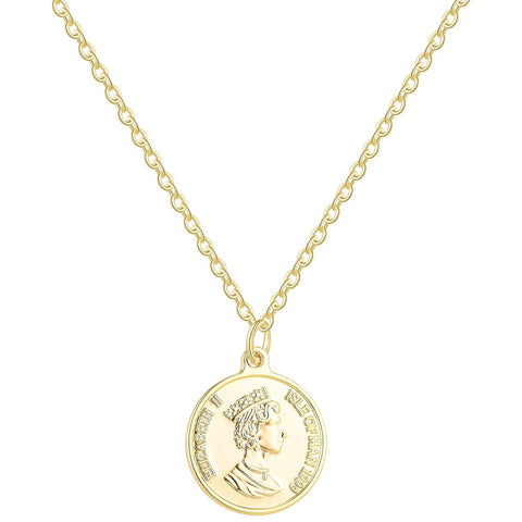 Queen Elizabeth II Side Portrait Necklace for Women, Coin Necklace 18k Gold Plated Vintage Textured Medallion Coin Pendant Round Circle Disk Dainty Necklace for Women, Stainless Steel, No Gemstone