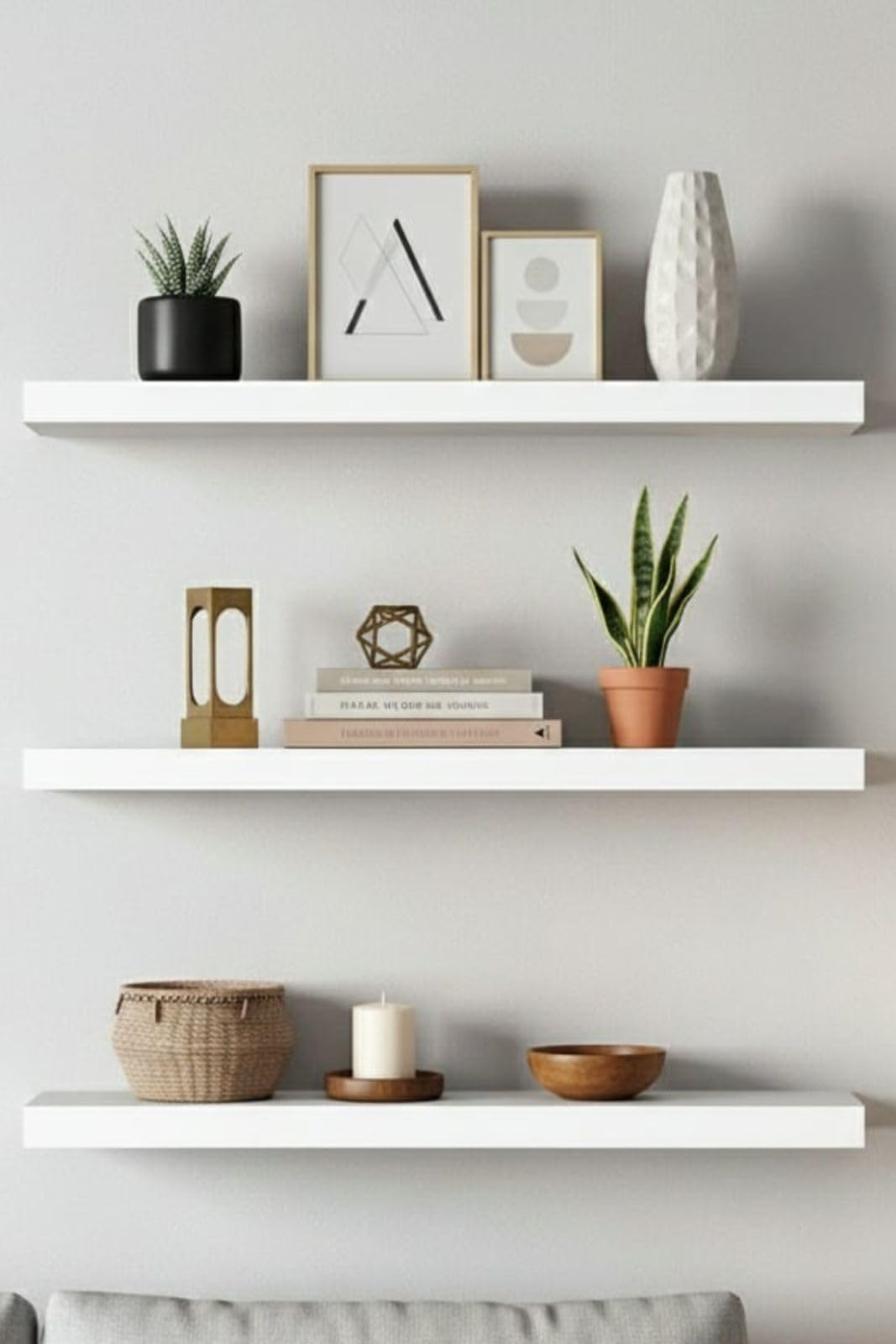 MDF Wood Wall Shelves, Modern Design, Waterproof and Scratch Resistant, 50 x 15 cm, Set of 3, with Mounting Supplies, for Kitchen, Bedroom, Office (White)