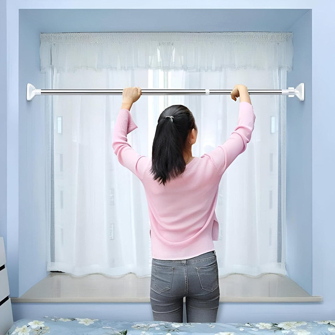 Extendable Curtain Rod Easy Installation Shower Curtain Tension (110cm to 200cm)