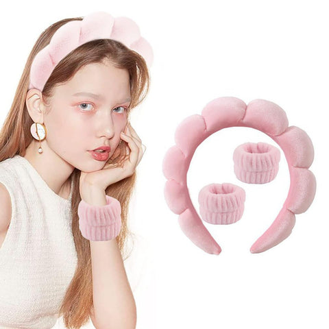 Sponge Headband Wristband, Skincare Makeup Removal Wash Spa Yoga Sports Shower Head Band, Makeup Headbands for Women, Soft Elastic Wrist Bands, Towel Cloth Fabric Hairband-3 PCS (Pink)