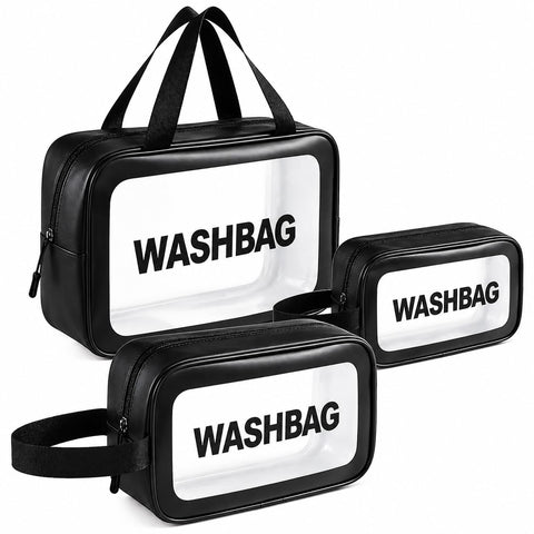 OVA Clear Bags Set – 3 Pieces Transparent Cosmetic and Toiletry Bags with Zipper, Multi-Size Travel Organizers for Daily Use (Black)
