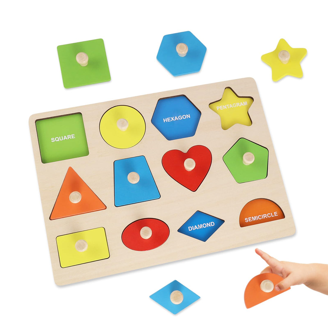 Wooden Puzzle from 2 Years, Geometric Wooden Puzzle with Knob, Baby Toy, Colours Shapes, Educational Toy, Montessori Toy, Plug-in Puzzle Board for Baby, Toddlers, Children, Learning Toy
