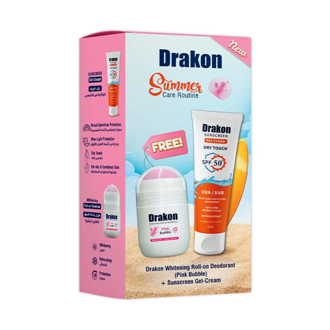 Drakon Whitening Roll-On Deodorant pink Bubble + Sunscreen Gel Cream Dry Touch SPF50+ UVA/UVB & Blue Light Protection For all Skin Type, (1+1) Promopack - 50ml +60gm