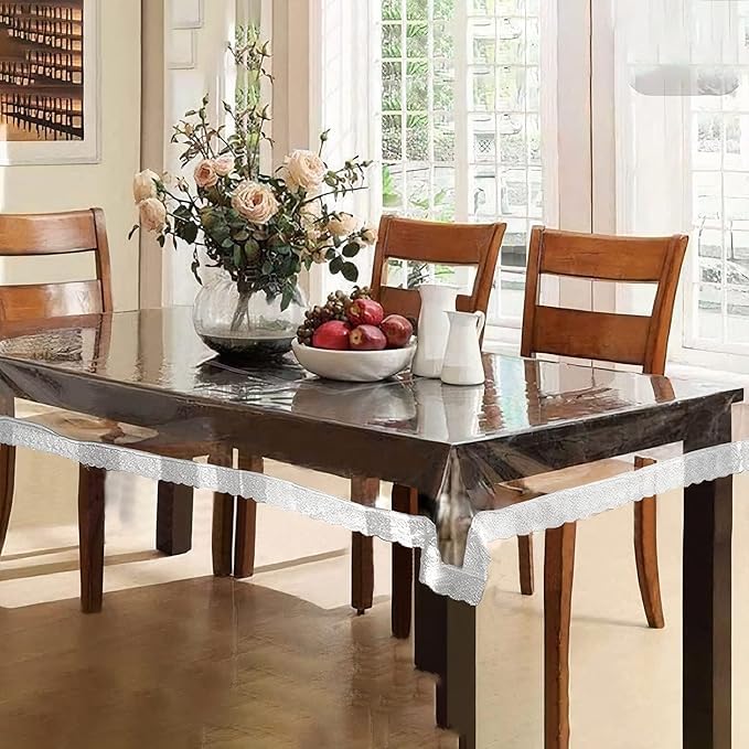 Clear PVC Vinyl Tablecloth Waterproof Transparent Table Protector With Silver Lace Macrame Border Heavy Duty Rectangle Table Cover For Kitchen Dining Table Indoor Outdoor Use Size 140x240 Cm