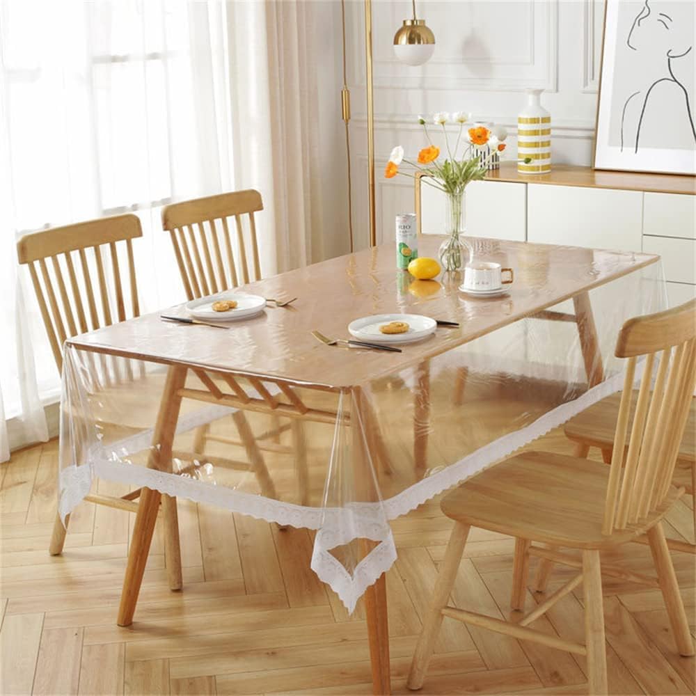 Generic Square Kitchen Dining Table Cloth, 183 x 137 CM, Transparent with White Lace Border, Waterproof, Oil-Resistant, Stain-Resistant