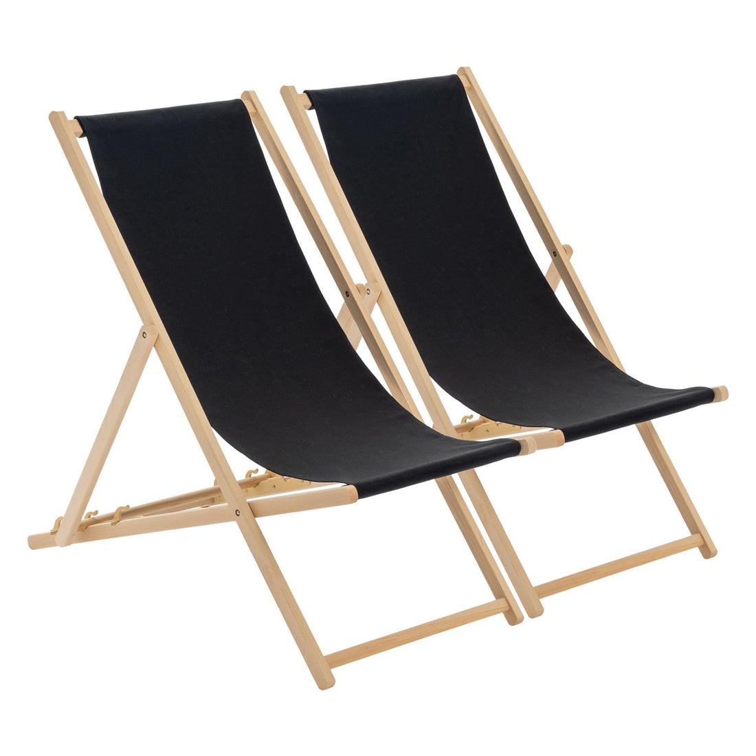 Harbour Housewares Folding Wooden Deck Chairs – Black – Pack of 2 – Adults Traditional Foldable Reclining Outdoor Canvas Sun Lounger Chair Seat for Garden Patio, Beach, Camping