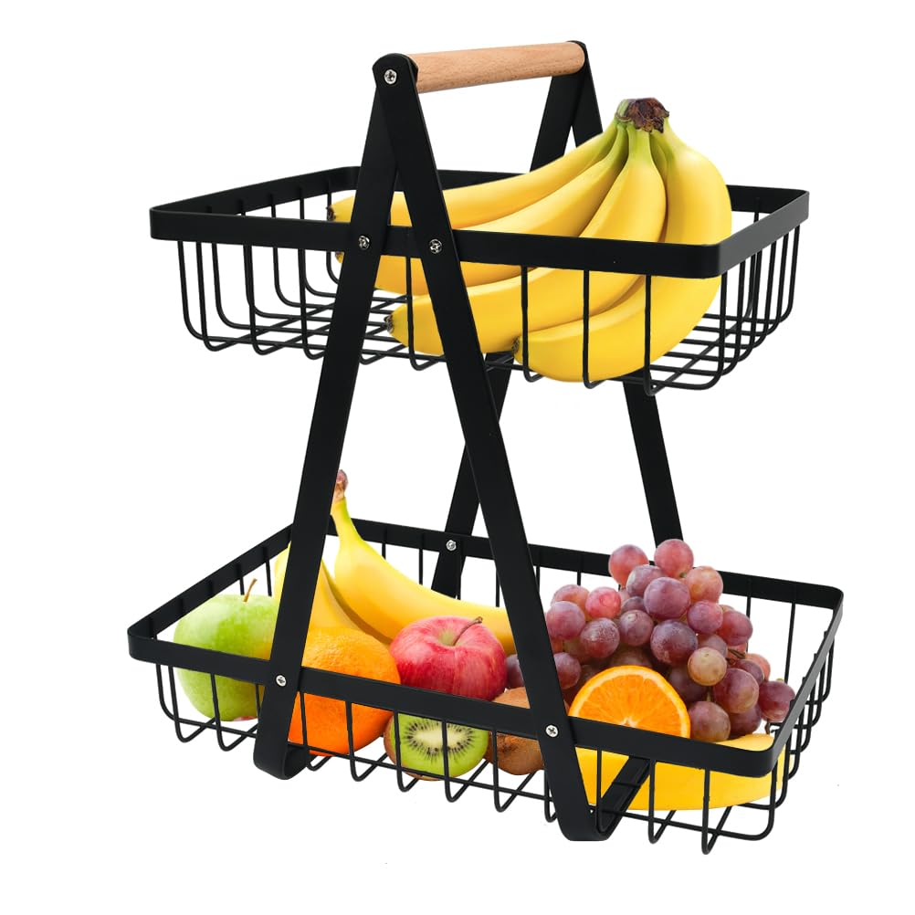 2 Tier Fruit Basket, Stainless Steel Modern Countertop Fruit Rack, Black, 27x27x43.5cm, Kitchen Storage, Fruit and Vegetable Organization