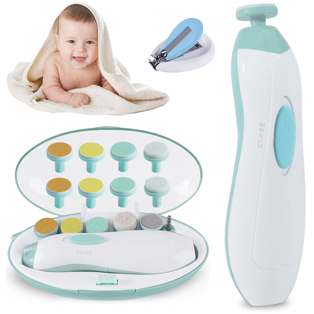 Baby Nail File Electric, 16 in 1 Safe Baby Nail Trimmer Manicure Kit Baby Fingernail Clippers with Light, Baby Nail Grinder Toes Care Trim Polish Grooming Set for Infant Toddler with Nail Clipper