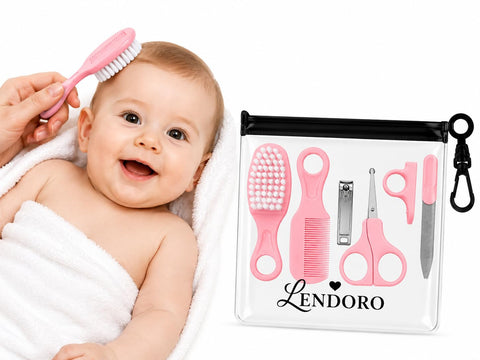 LENDORO Baby Grooming Kit, 5-Piece Set with Hair Brush, Comb, Nail Clipper, Scissors and Nail File (Baby Pink)
