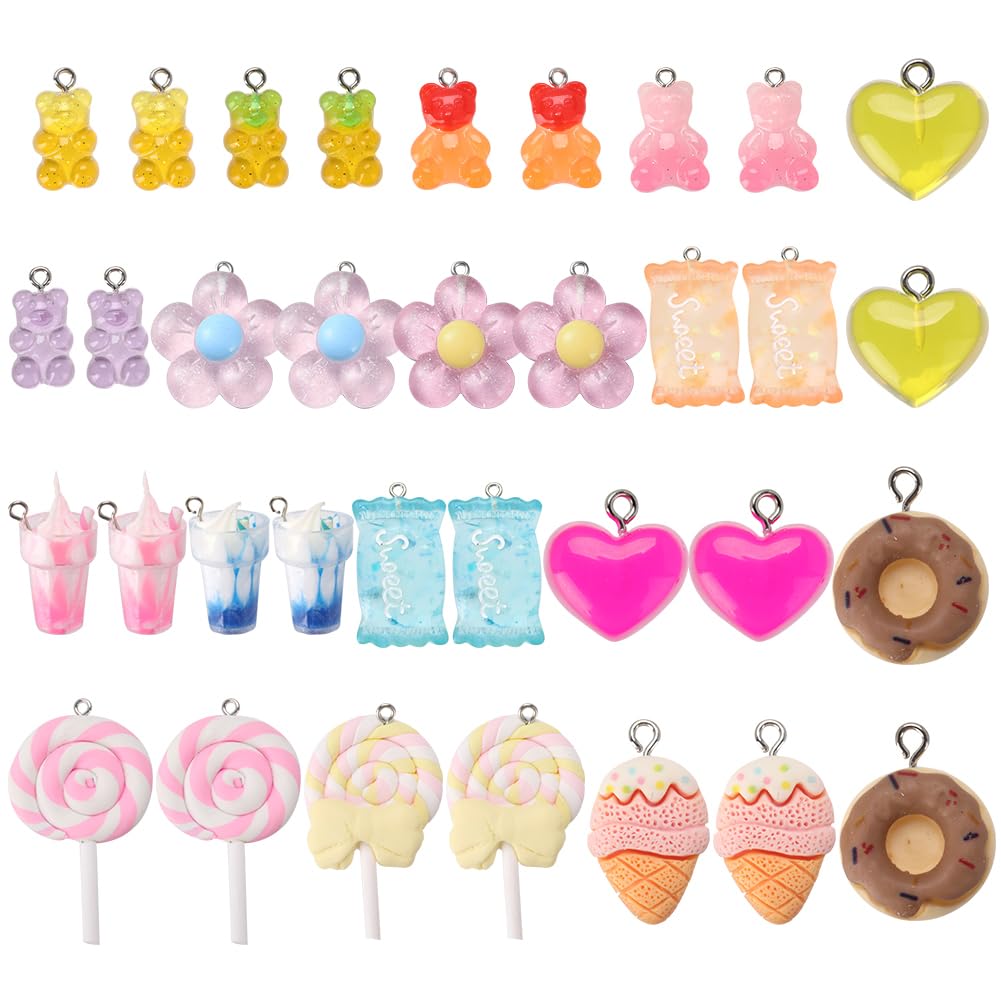 SUNNYCLUE 72Pcs 18 Style Candy Charms Bulk Bear Charm Sweet Lollipop Charm Cute Resin Gummy Heart Milk Tea Ice Cream Colorful Kawaii Shape Charms for Jewelry Making Charms Bracelet DIY Earrings Craft