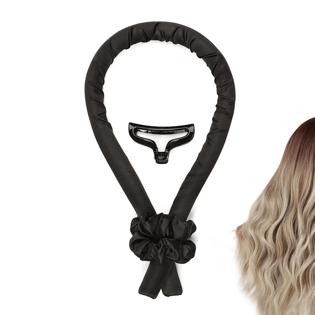 TikTok Satin Heatless Hair Curler Headband for Long and Medium Hair Will Create Beautiful Curls the Set Includes a Curling Rod Wave with 2 Hair Ties and 1 Claw Clip (Black), 4 Piece Set