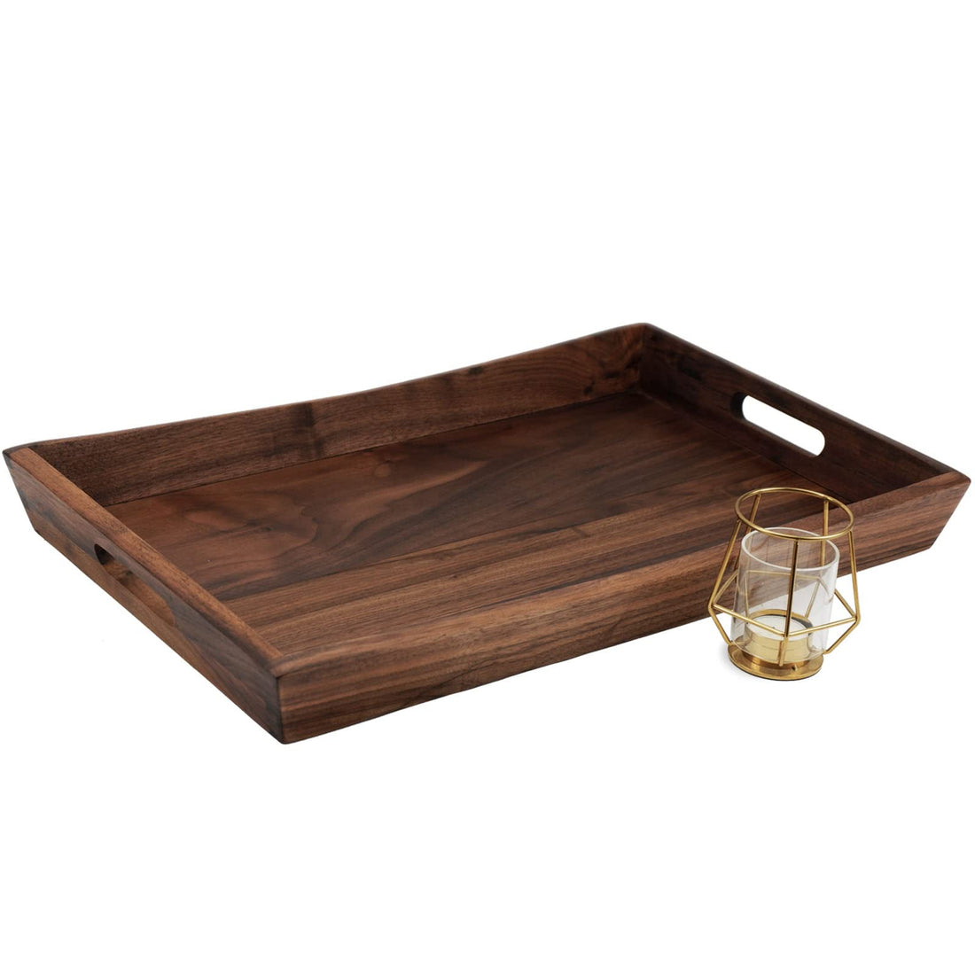 22 x 14 Inches Large Rectangle Curved Black Walnut Wood Ottoman Tray with Handles, Serve Tea, Coffee, Classic Wooden Decorative Serving Tray
