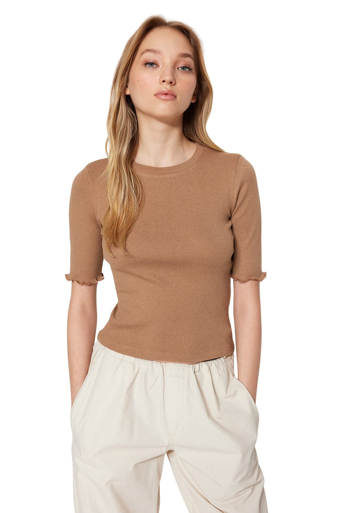 Trendyol Women Fitted/Situated Crew Neck Flexible Knitted Blouse TWOSS23BZ00025. Shirt (pack of 1)