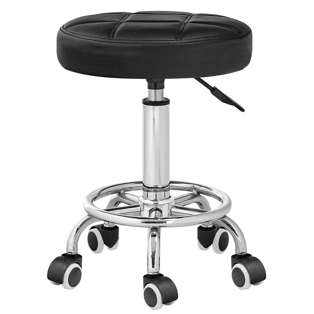 HOOBRO Round Rolling Stool with Wheels, Height Adjustable Swivel Stool, PU Leather Chair, Swivel Drafting Chair with Footrest, for Beauty Shop, Hair Salon, Bar, Studio, Black and Silver SB12BY01