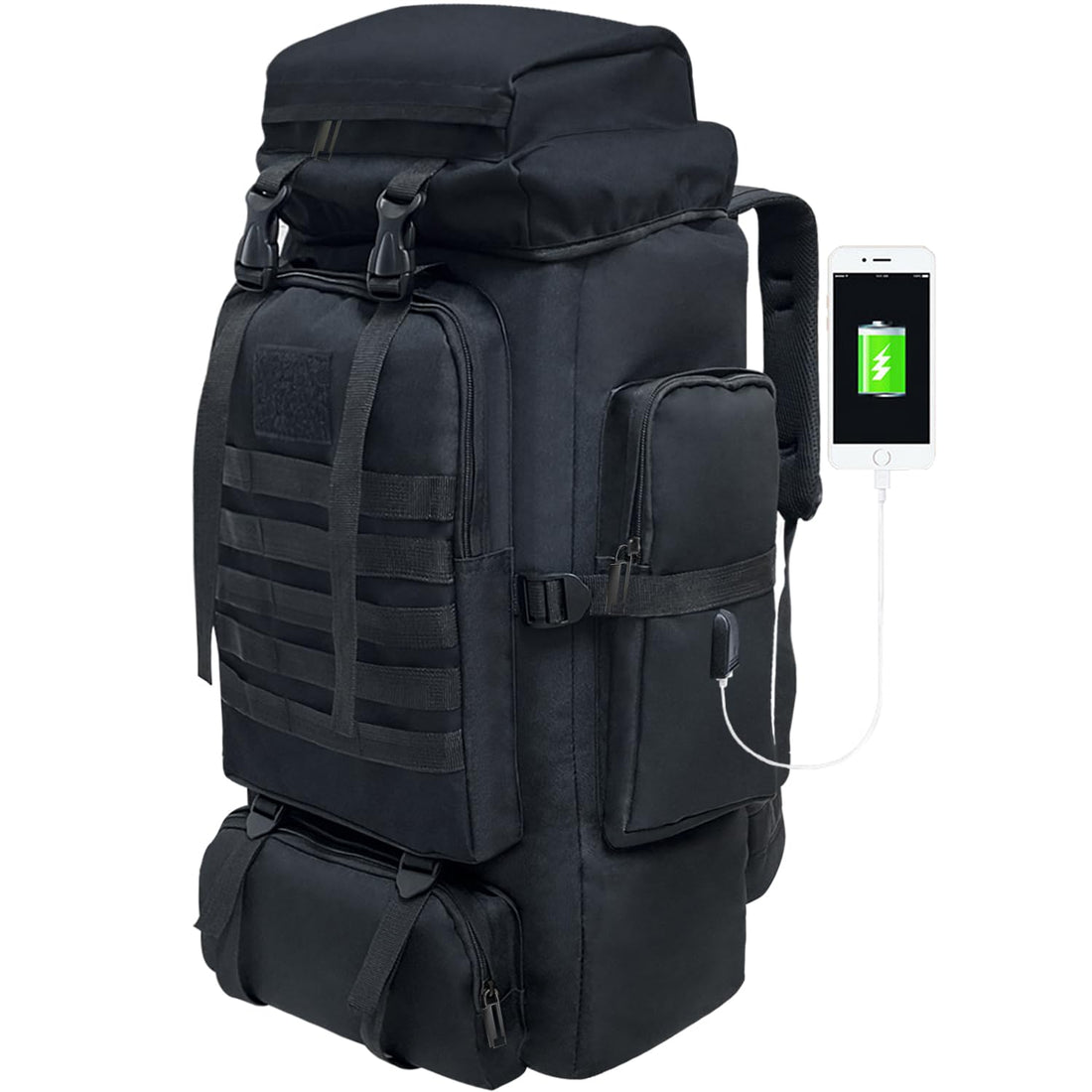 Hiking Backpack, 80L Camping Backpack, Waterproof Large Outdoor Sport Travel Daypack MOLLE Rucksack for Men Women, Black-usb-a, Large, Tactical