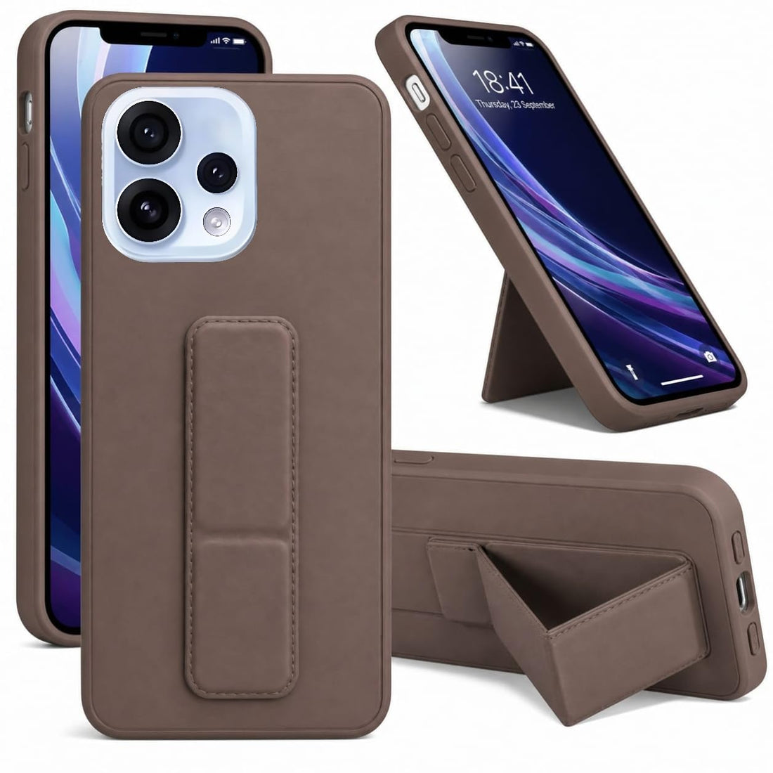 Back Cover Stand Case Magnetic Car Holder Soft Silicone & Vertical Kickstand Cover Wrist Strap Full protection Anti Fingerprint Case for OPPO Reno 15 5G (Light Purple)