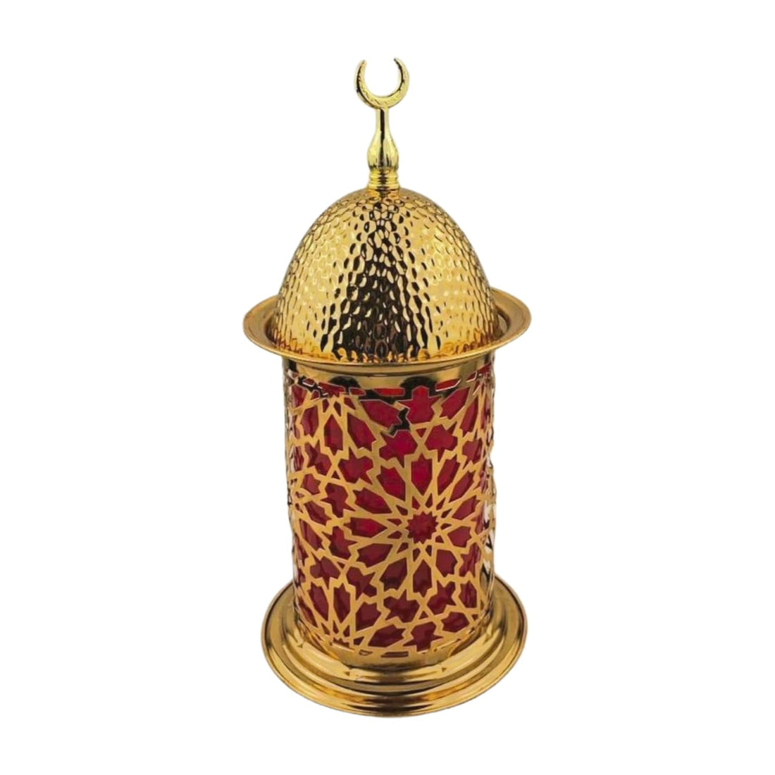"Ramadan Lantern Decorative Metal Gold - Traditional Moroccan Islamic Design - Warm Lighting for Home Decor and Gifts (Islamic Decorative Lantern Red Background)
