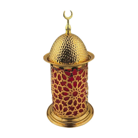 "Ramadan Lantern Decorative Metal Gold - Traditional Moroccan Islamic Design - Warm Lighting for Home Decor and Gifts (Islamic Decorative Lantern Red Background)