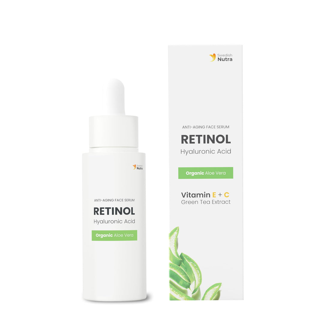 Swedish Nutra Anti-Aging Retinol Serum I Treatment for Smooth and Radiant Skin I Hyaluronic Acid, Organic Aloe Vera, Vitamin E, C, Green Tea Extract - 30ml
