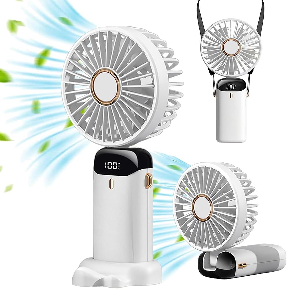 DMG TECH Mini Handheld Fan, Foldable Mini Fan, 5000mAh Small Desk Fan, Portable Personal Fan, 90° Adjustable, USB Rechargeable, Hanging Neck Fan for Kids Woman Man Home Office Outdoor Travel(White）