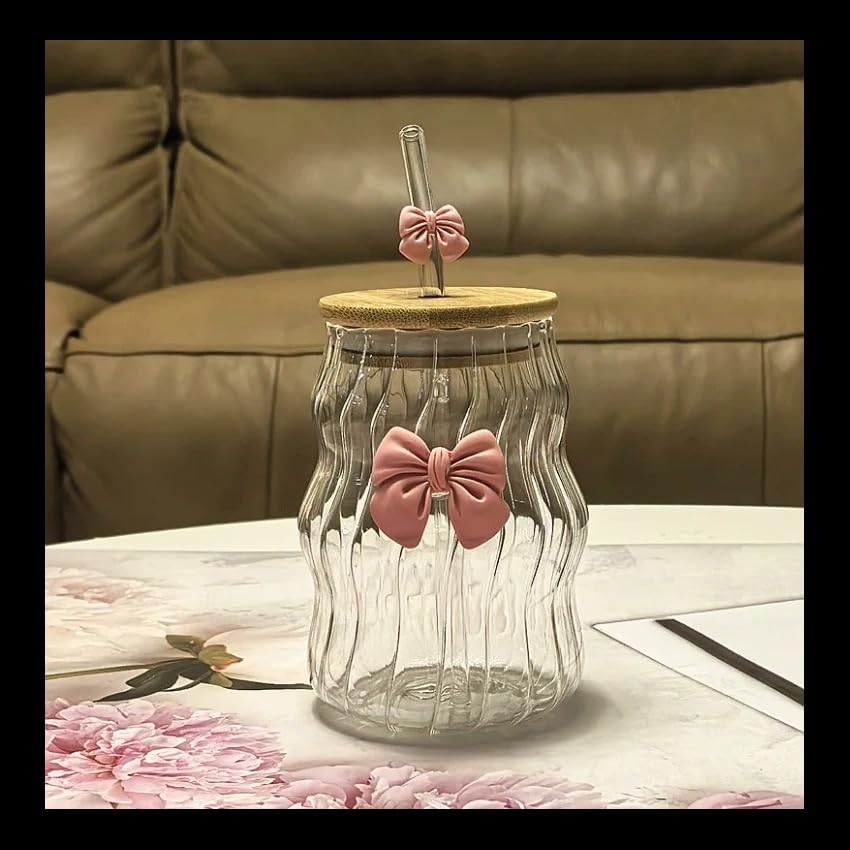 Generic Ribbed Glass Water Cup with Bow and Wood Lid - Imported From China