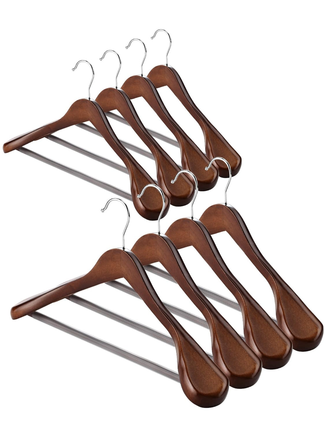 AMKUFO Wide Shoulder Wooden Hangers 8 Pack Coat Hangers with Non Slip Pants Bar, Heavy Duty Suit Hangers Wood Clothes Hangers with Smooth Finish 360° Swivel Hook for Sweater Jackets Shirts (Walnut)