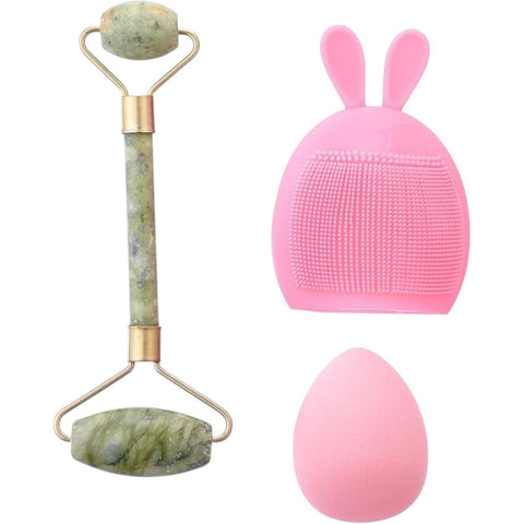 Set Of 3 Pieces Sponge Powder Puff,Silicone Face Brush&Jade Massager For Women-Purple