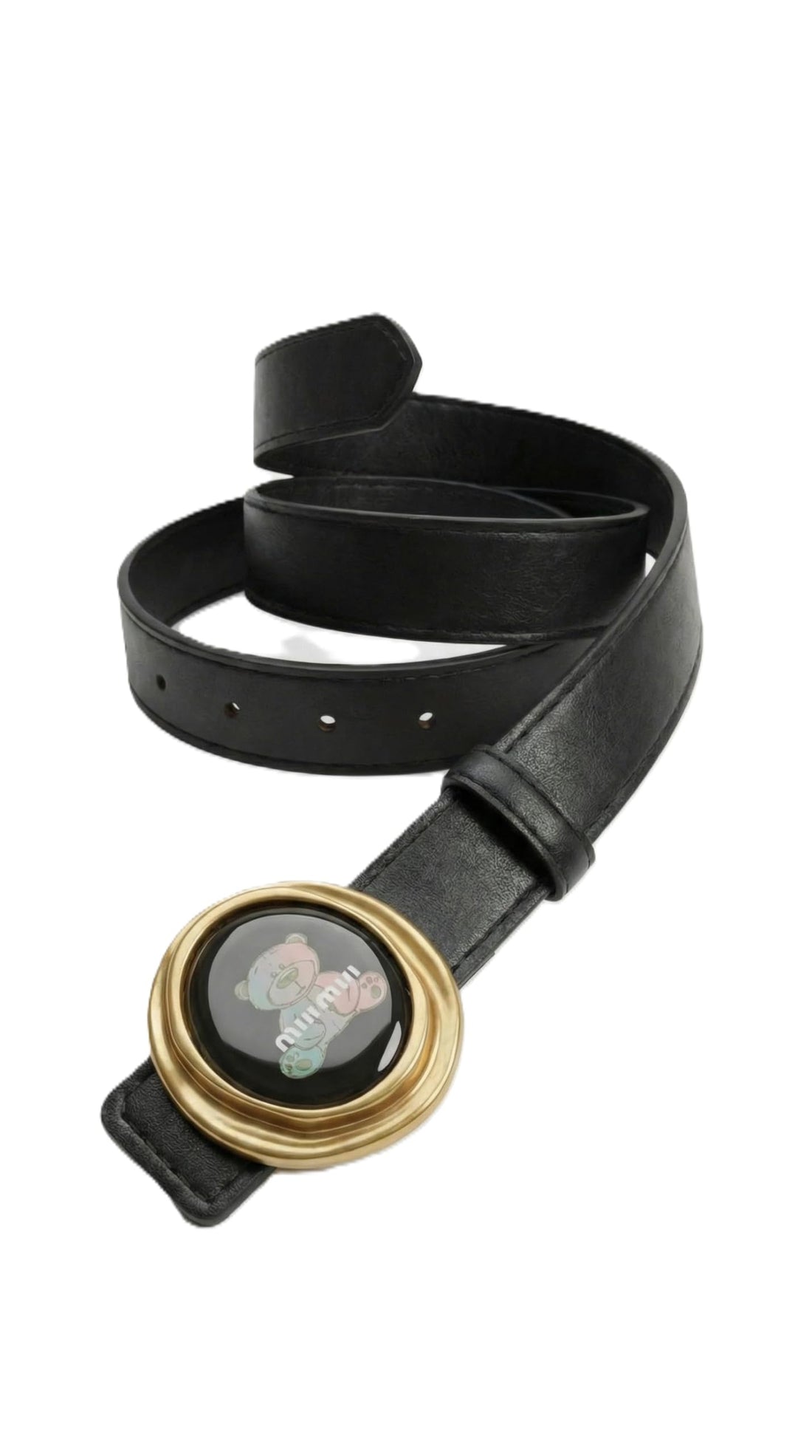 Nopatia Women's Black Leather Belt Round Buckle Gold Cute Bear Fashion Girls Women Jeans Dress Casual Fashion Accessory High Quality Special Gift