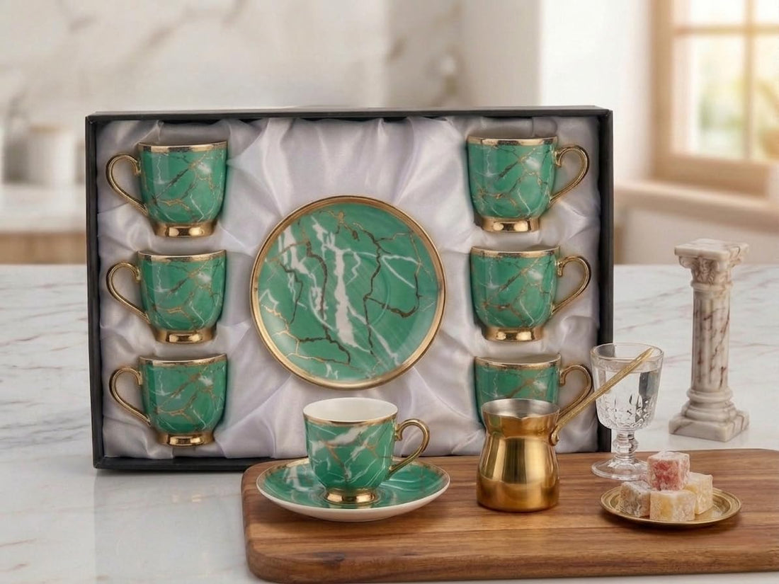 Premium 12-Piece Fine Porcelain Coffee Cup & Saucer Set - Stylish Marble Design with Gold Trim - Luxury Gift Set for Housewarming, Weddings, and Coffee Lovers (6 Cups and 6 Saucers)