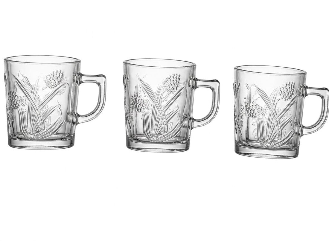 Vollora Pine Pattern Clear Glass Tea Coffee Cups Set of 3, Suitable for Hot and Cold Drinks