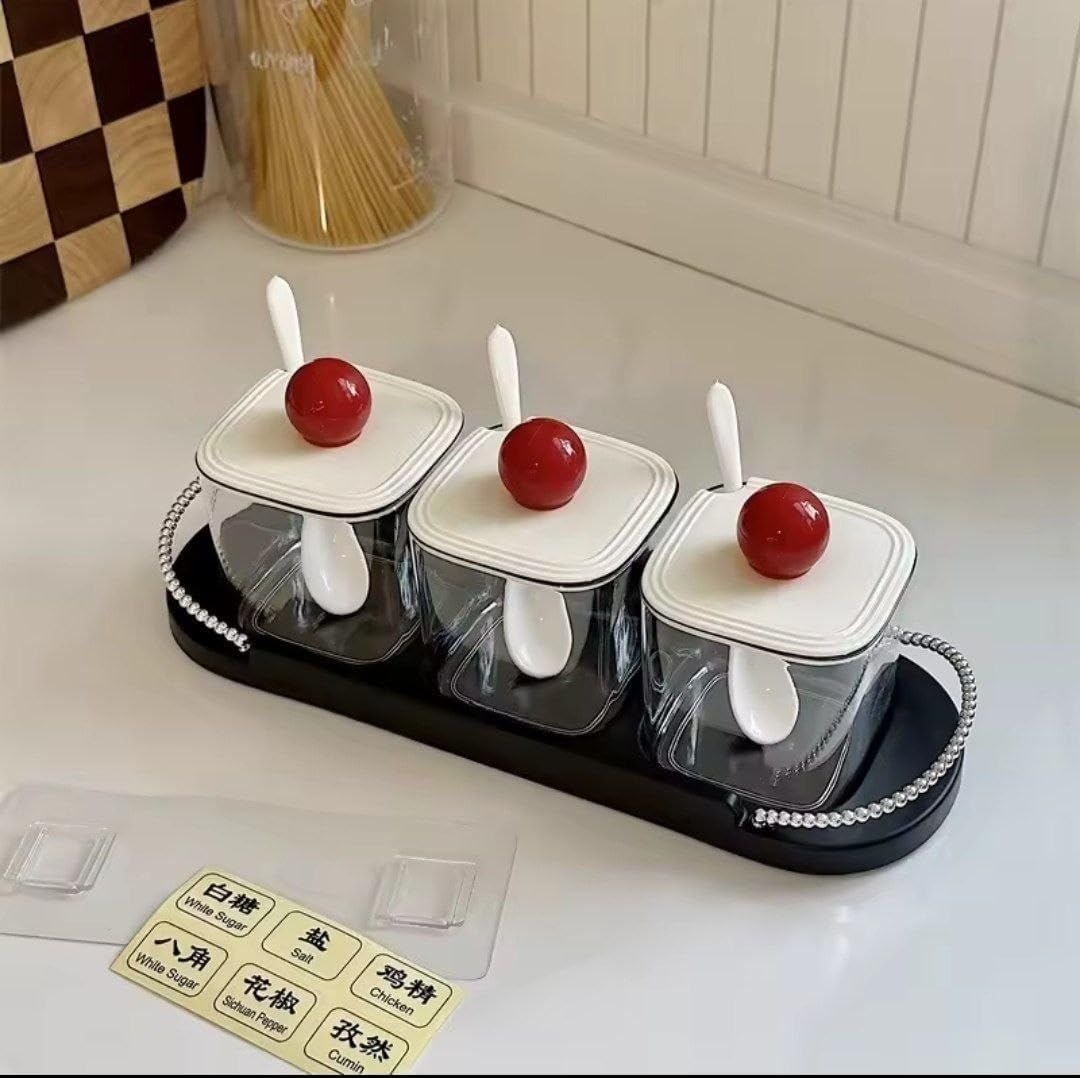 Modern "Creamy" Clear Acrylic Spice Set with Red Cherry Handles – Condiment & Sugar Organizer with White Spoons and Ball Chain Base Tray (Available in 2, 3, and 4 Pieces)