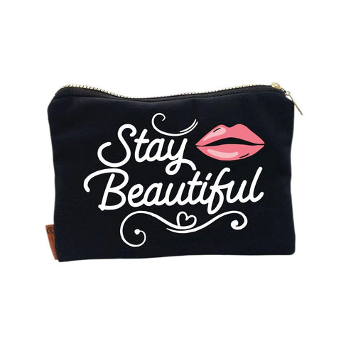 Makeup-Themed Canvas Pouch, Cosmetic Bag & Accessories Organizer, Thick Cotton Fabric, Padded Interior, Gold Zipper, Single-Sided High-Quality Digital Print, 23 x 17 cm (stay Beautiful)
