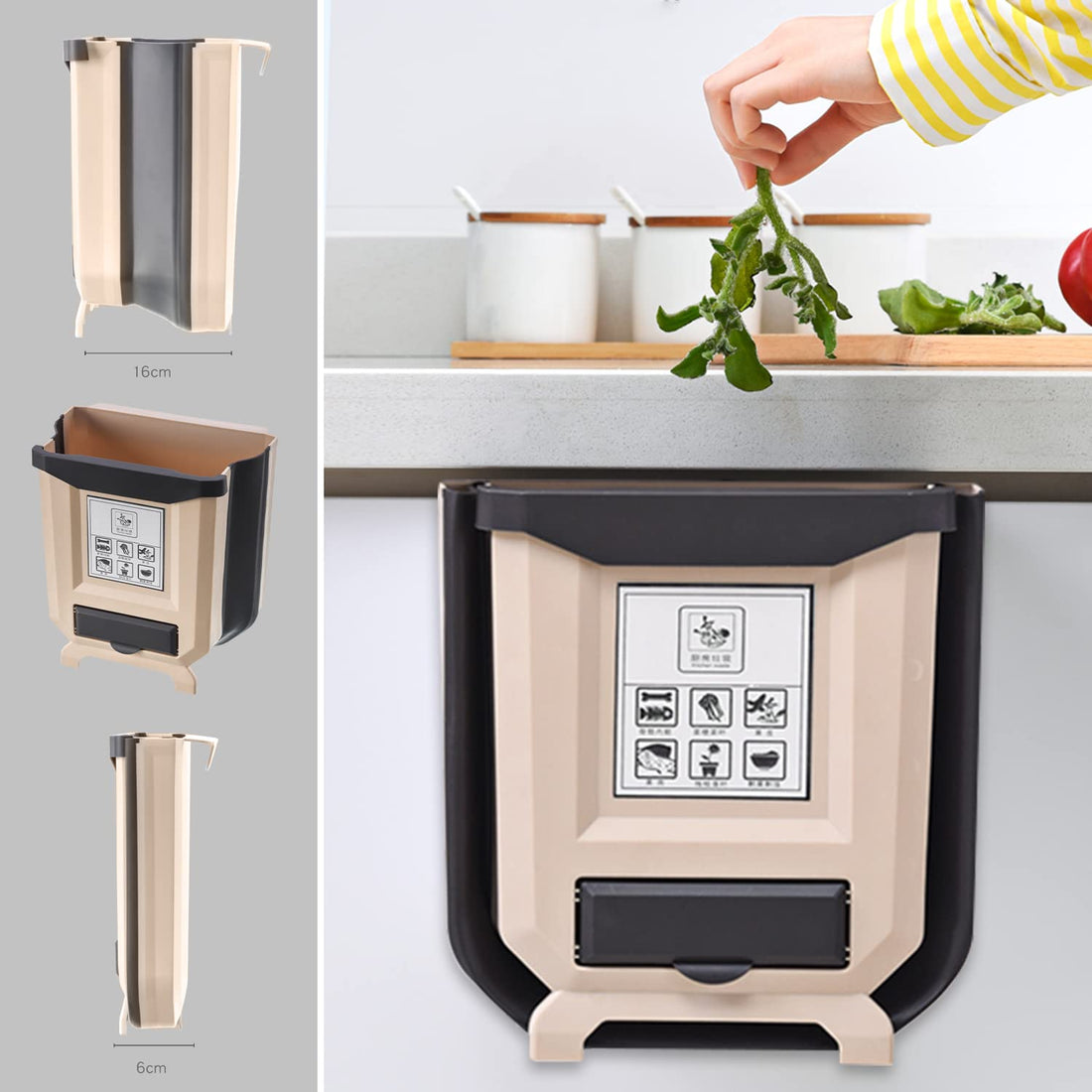 Hanging bin, 9 L foldable waste bin, kitchen waste bin, hanging for kitchen waste bin, waste bin for kitchen, cupboard door, car, bathroom, office and bedroom (beige)