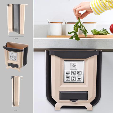 Hanging bin, 9 L foldable waste bin, kitchen waste bin, hanging for kitchen waste bin, waste bin for kitchen, cupboard door, car, bathroom, office and bedroom (beige)