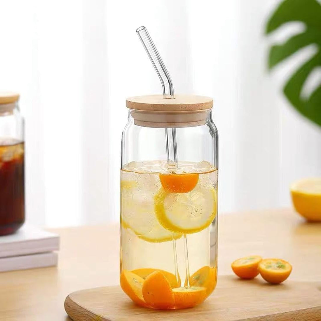 Pyrex Thermal Clear Glass Straw with Bamboo Lid and Glass Lollip, Hot and Cold Beverages, Cocktail Cups, Tea, Coffee and Iced Juice - 600ml