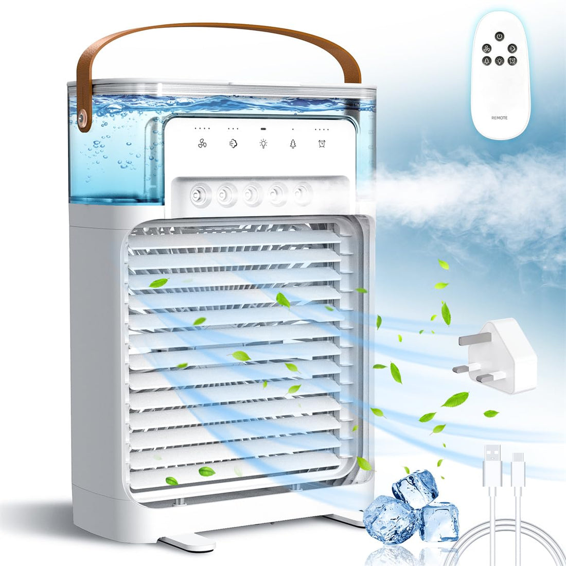NTMY Personal Air Cooler, 1200ml Portable Air Conditioner, Ultra-Quiet Mini Air Cooling Fan with Humidifier for All Season Use, 5 Cool Mist & 4 Speeds, 7 Night Light & 2-8H Timer, Remote Control