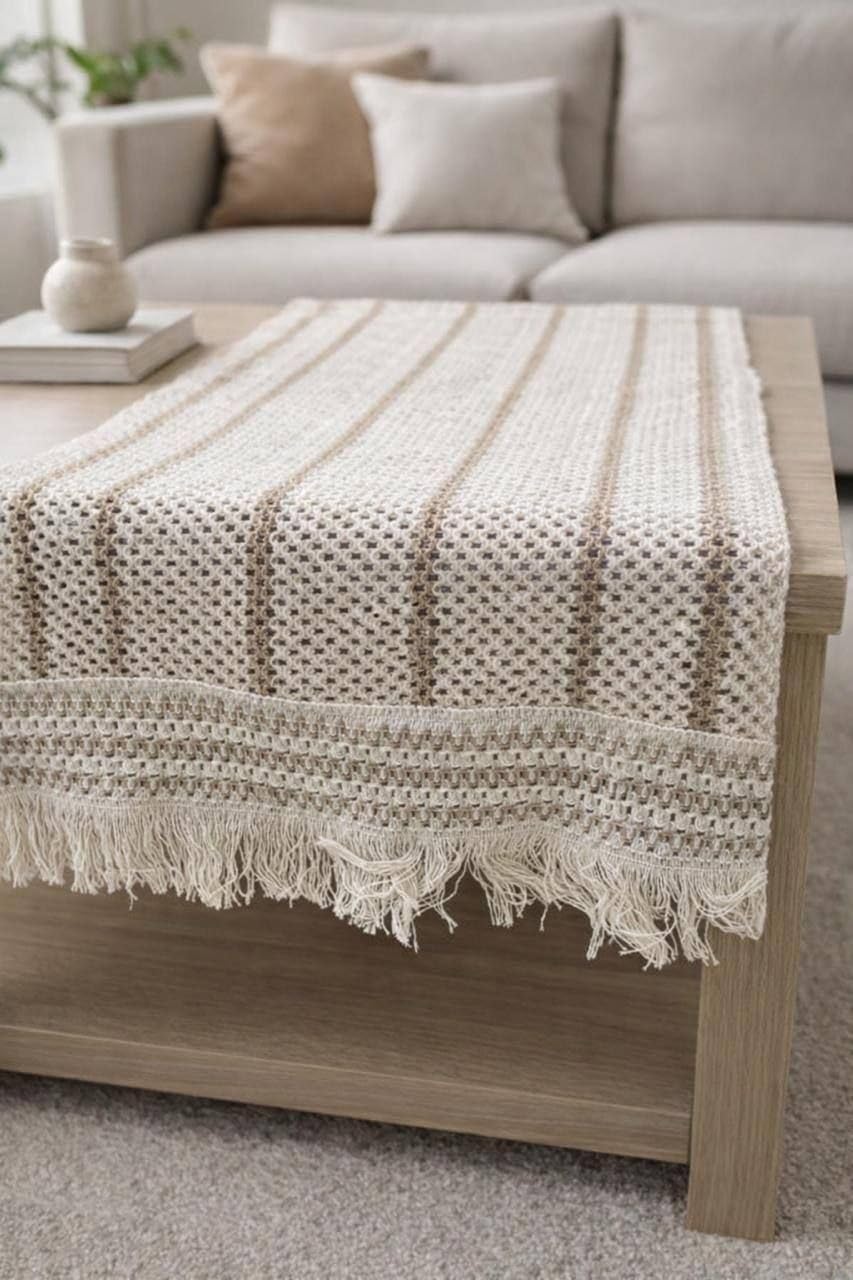 Boho Table Runner with Fringe, White and Beige Woven Bedspread, Textured Home Decor Accent .Flo
