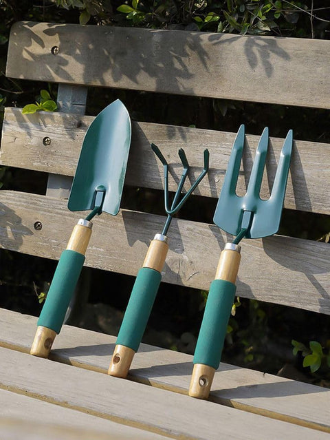 Garden Hand Tools Set, 3-Piece with Trowel, Cultivator and Fork, Wooden Handle with Green Comfort Grip