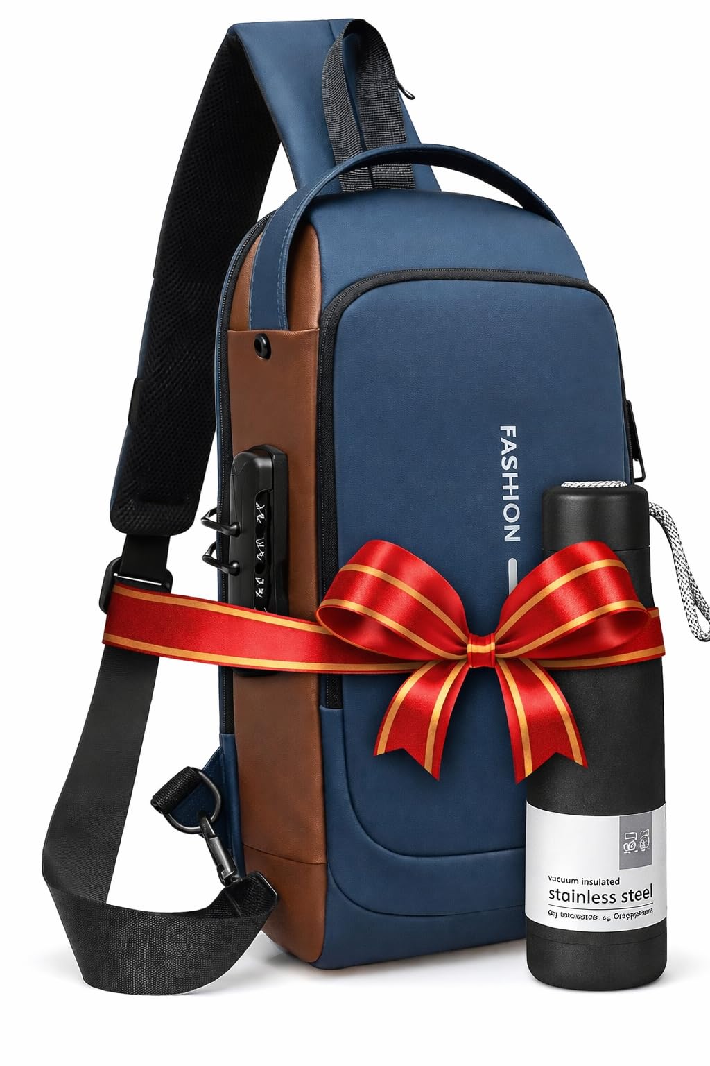 Travel Bundle: Anti-Theft Sling Backpack with USB Charging Port & 500ml Insulated Stainless Steel Water Bottle - Waterproof Crossbody Bag for Daily Commute & Hiking