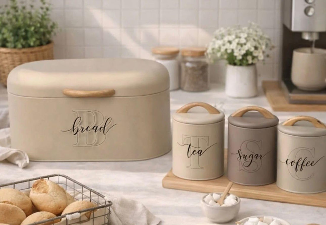 Downtown Bread Box with 3 Storage Canisters Set Metal Kitchen Container for Bread with Matching Jars for Tea Coffee and Sugar 4 PCS Set