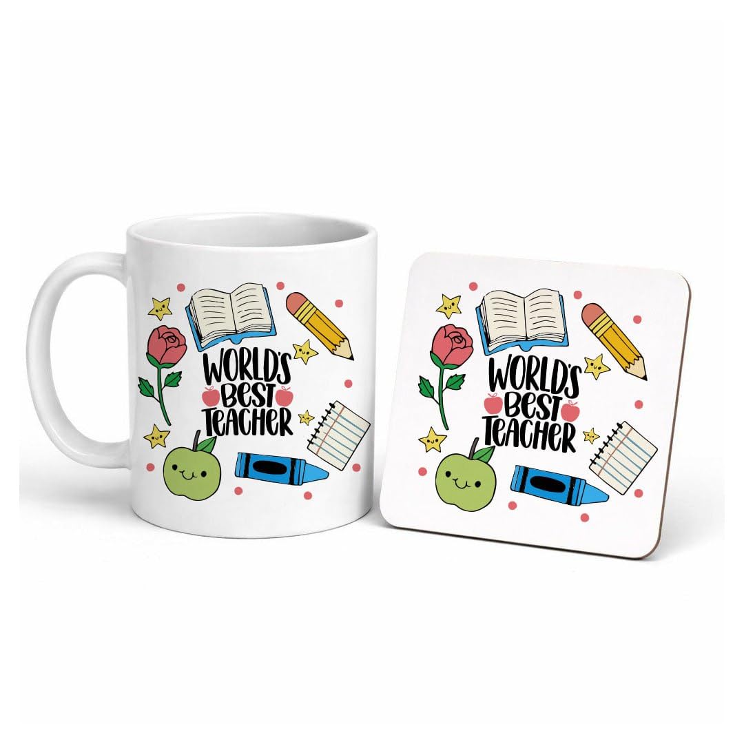 مج قهوة سيراميك مع كوستر خشبي 6 مم هدية للمعلم والمعلمة – Ceramic Coffee Mug with 6mm Wooden Coaster | Teacher Appreciation Thank You Gift for School Educators (World's Best Teacher)