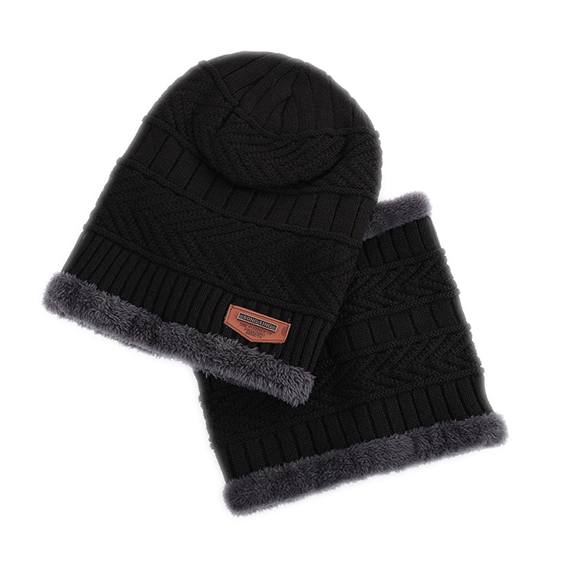Beauenty 2-Pieces Knit Thick Hat, Winter Hat Scarf Set, Black Hat & Scarf for Men and Women Adults, Autumn and Winter Warm Outdoor Neck Protection Riding Bib Hat, Black, 61