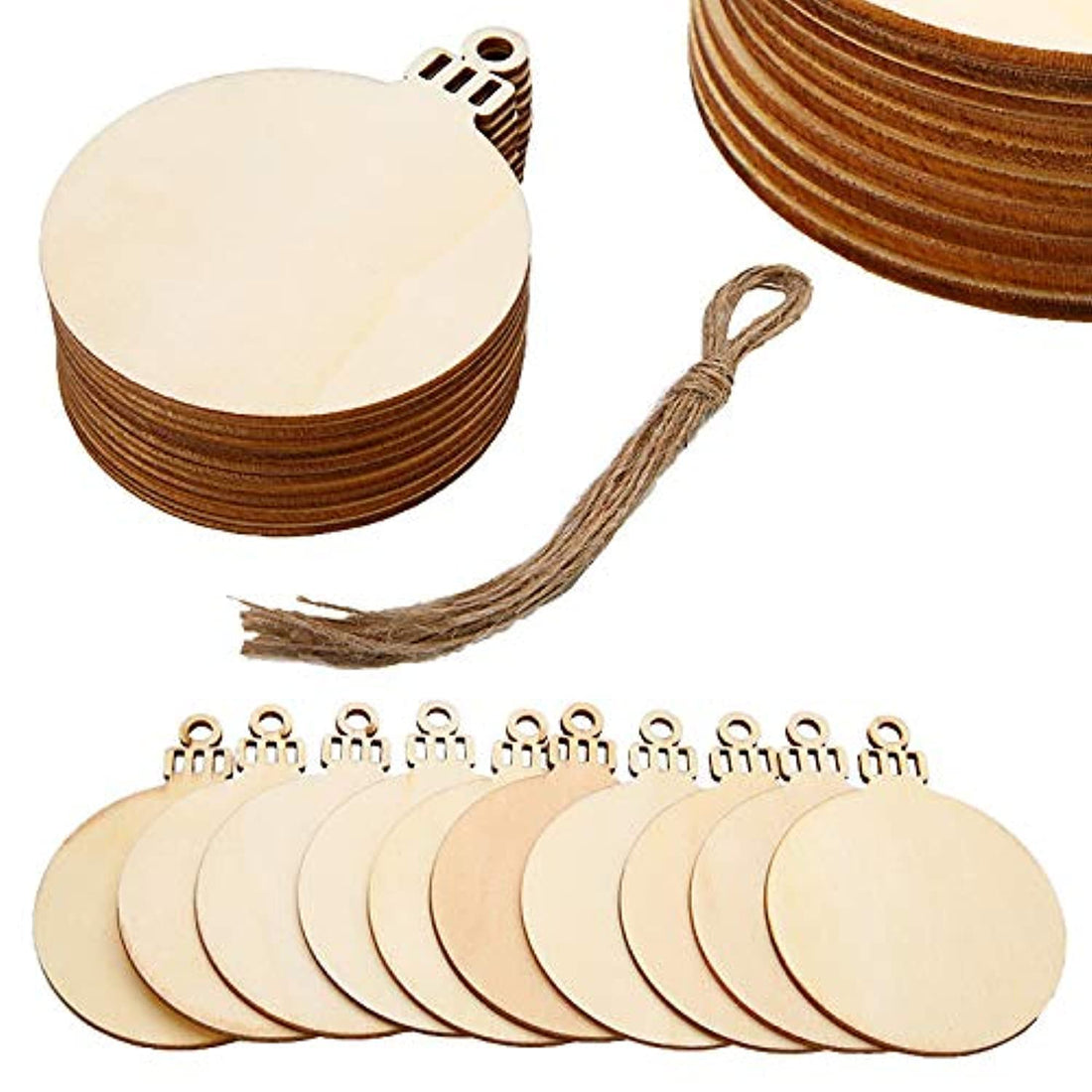 100 Pieces Christmas Wooden Ornaments Round Wood Slices Wood Snowflake Angel Star Shaped Christmas Tree Hanging Embellishments with 100 Pieces Cords (Circles)