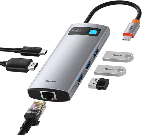 Baseus USB C Hub, 6-in-1 Docking Station USB C Hub Multiport Adapter with 4K HDMI, Ethernet, 100W PD, 3 USB 3.0 for MacBook Pro/Air,iPad Pro,Surface Pro,XPS,Samsung Phone and More Type C Devices