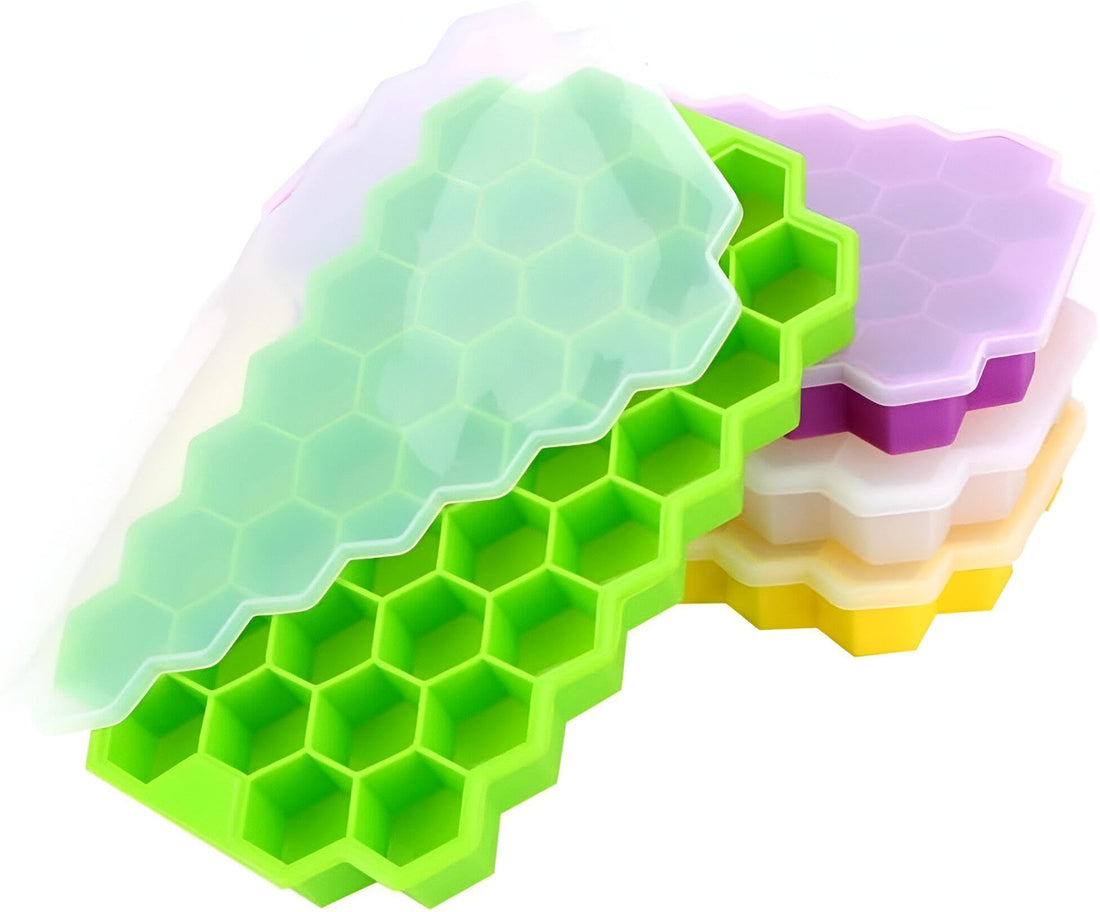 Silicone Ice Tray Mold - Honeycomb Style with 37 Hexagonal Cells, Safe Food Grade Material, Includes a Protective Lid and Vibrant Multi-Colour Pattern for Convenient Freezing and Storage