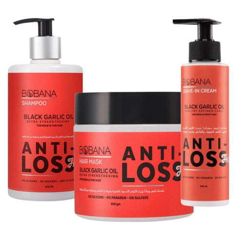 Bobana Bouquet 3 in 1 with Black Garlic Oil | The Complete Solution for Fight Fall, Strengthen Hair, Define Curls - (Shampoo 400ml, Mask 500g, Leave-In Cream 200ml) I by Al Shabrawini Pharmacy