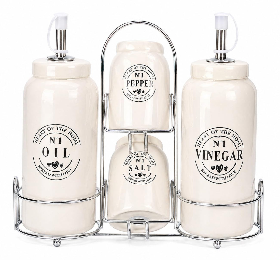 Ceramic Salt and Pepper Oil Vinegar Set with Metal Stand - 4 Piece Spice and Oil Storage Set Elegant Design for Kitchen Dining