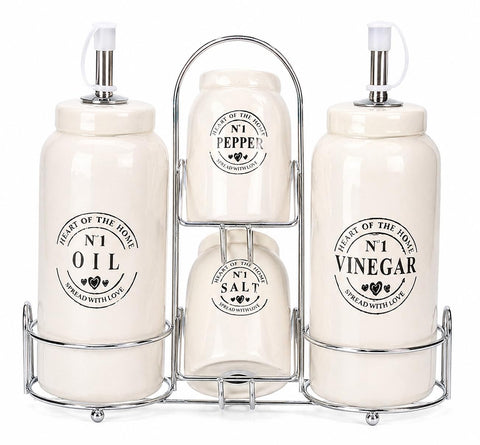 Ceramic Salt and Pepper Oil Vinegar Set with Metal Stand - 4 Piece Spice and Oil Storage Set Elegant Design for Kitchen Dining
